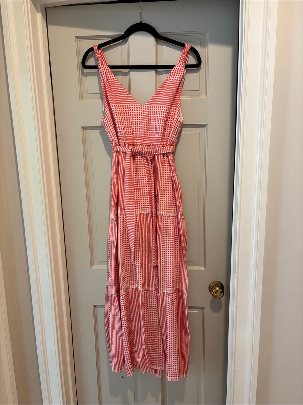 LemLem orange check Maxi Dress with Tie Waist Small